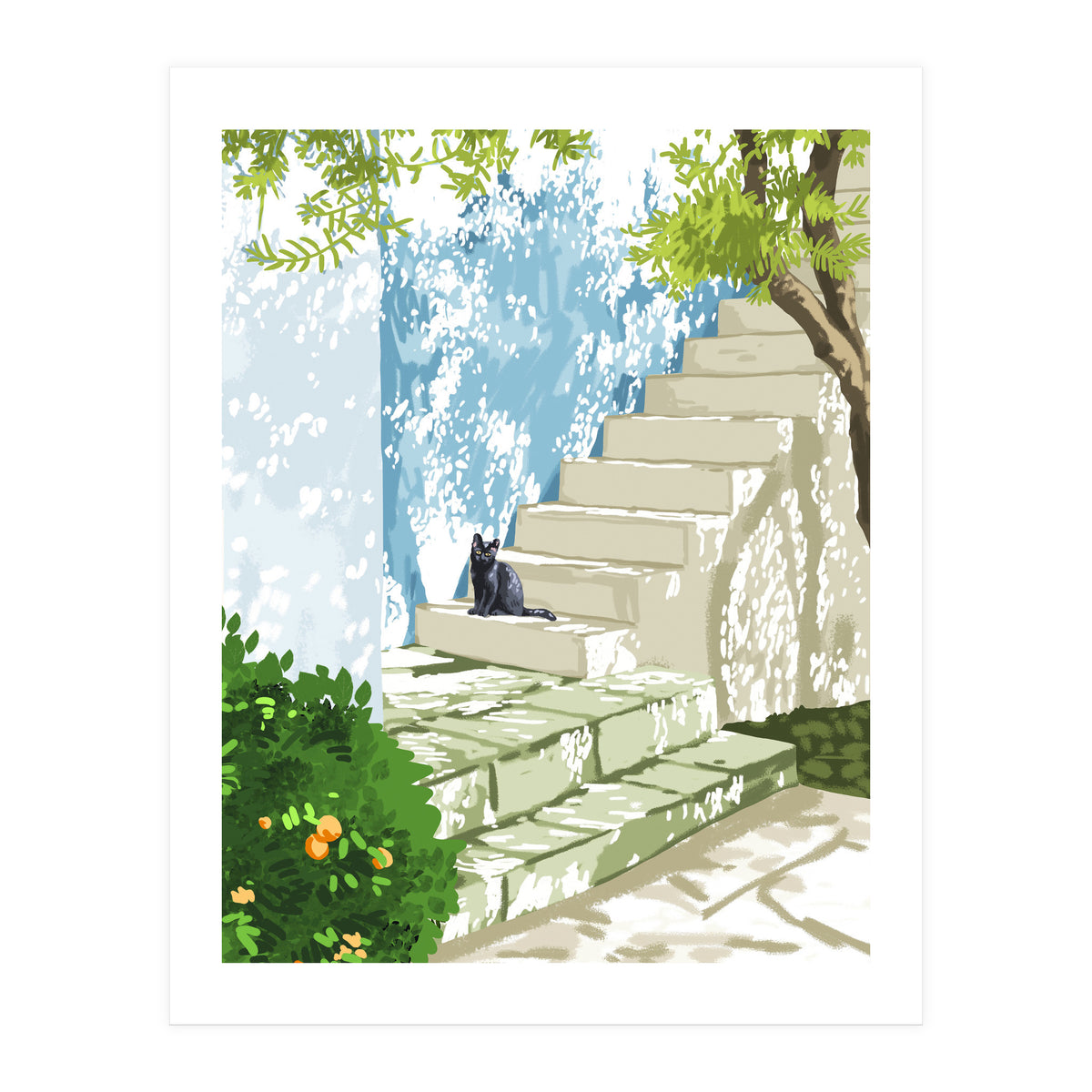 Black cat on the steps Poster, Greece Santorini summer travel pet painting (Print Only)