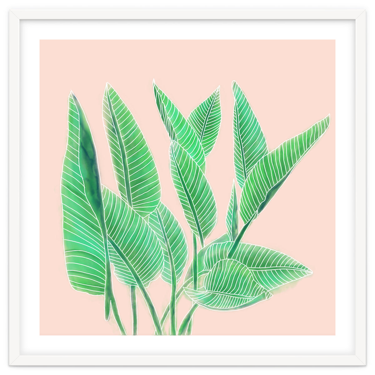 Modern Hand Painted Tropical Green Watercolor Leaf Bird Of Paradise On Pastel Pink