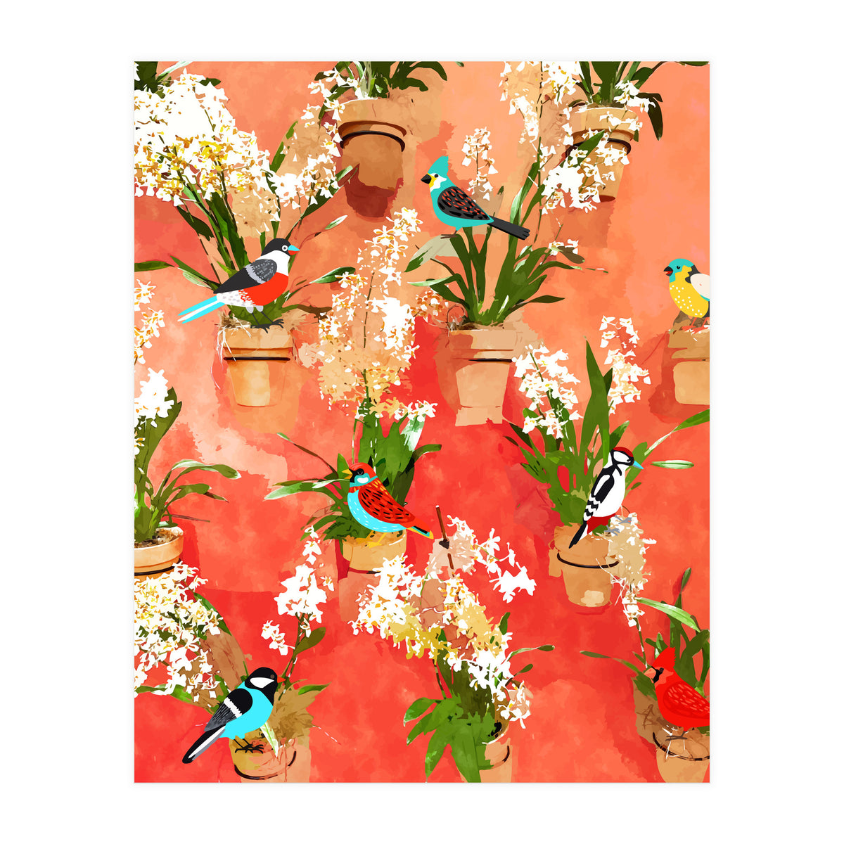 Birds of different feathers flock together | Biodiversity Wildlife Animals Red Watercolor Painting (Print Only)