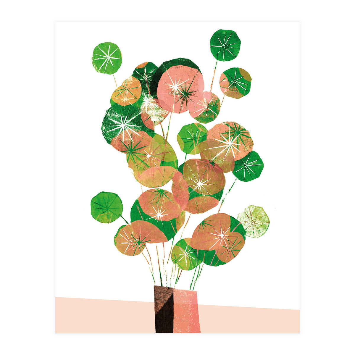 Pilea In Green And Coral (Print Only)
