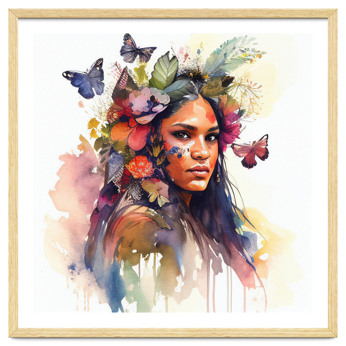Watercolor Floral Indian Native Woman #5