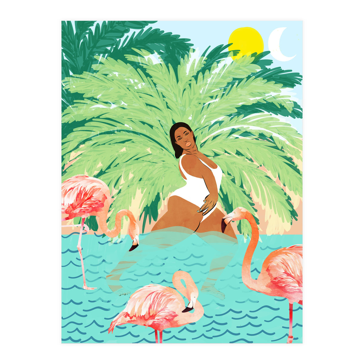 Tropical Summer Water Yoga with Palm & Flamingos | Woman of Color Black Woman Body Positivity (Print Only)