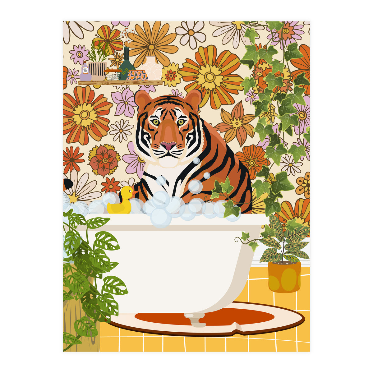 Tiger Bathing in Groovy Bathroom (Print Only)