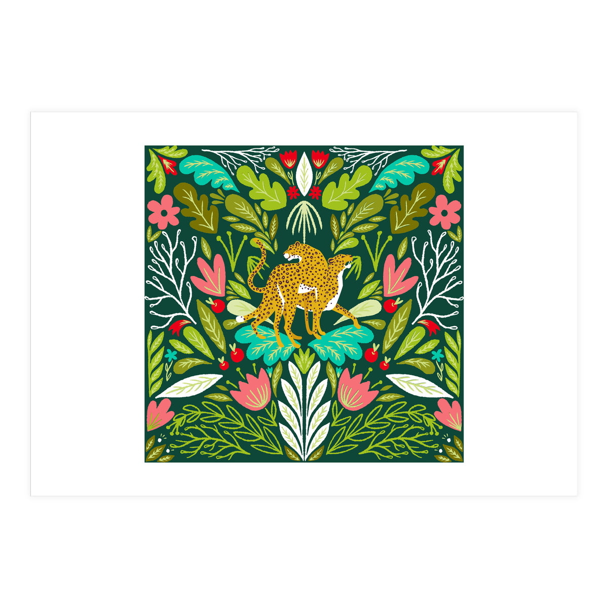 Cheetah Couple Illustration, Wild Cat Jungle Nature, Mandala Painting, Wildlife Tropical Tiger	 (Print Only)