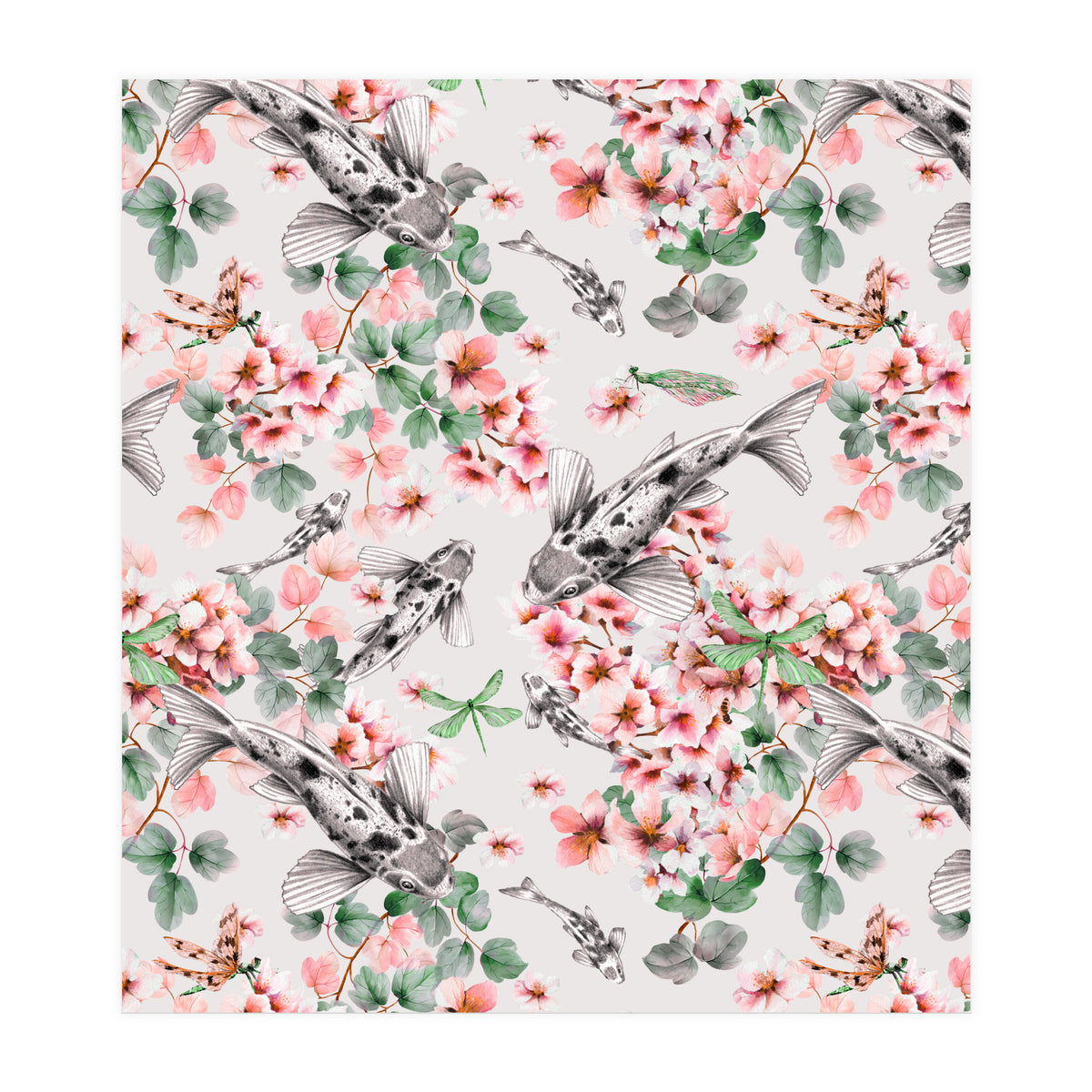 Asian fish among flowers (Print Only)