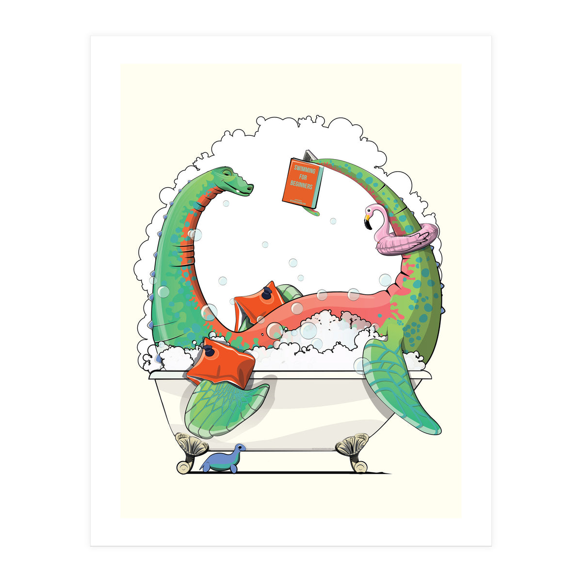 Dinosaur Plesiosaurus in the Bath, funny bathroom humour (Print Only)