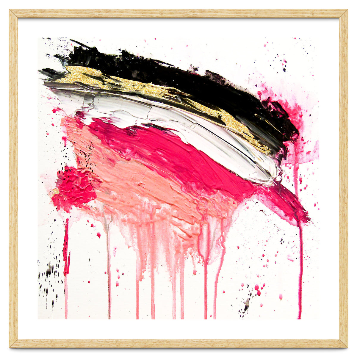 Modern Abstract Pink Black Gold Brushstrokes Splatters Acrylic