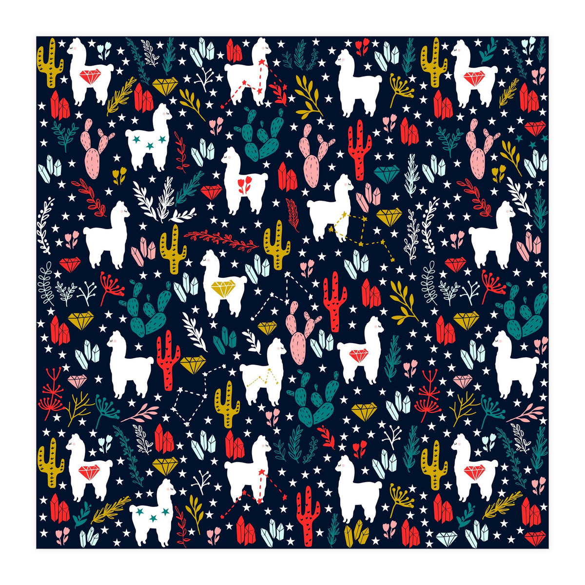 Cute Alpaca Pattern with Cacti, Stars and Crystals (Print Only)