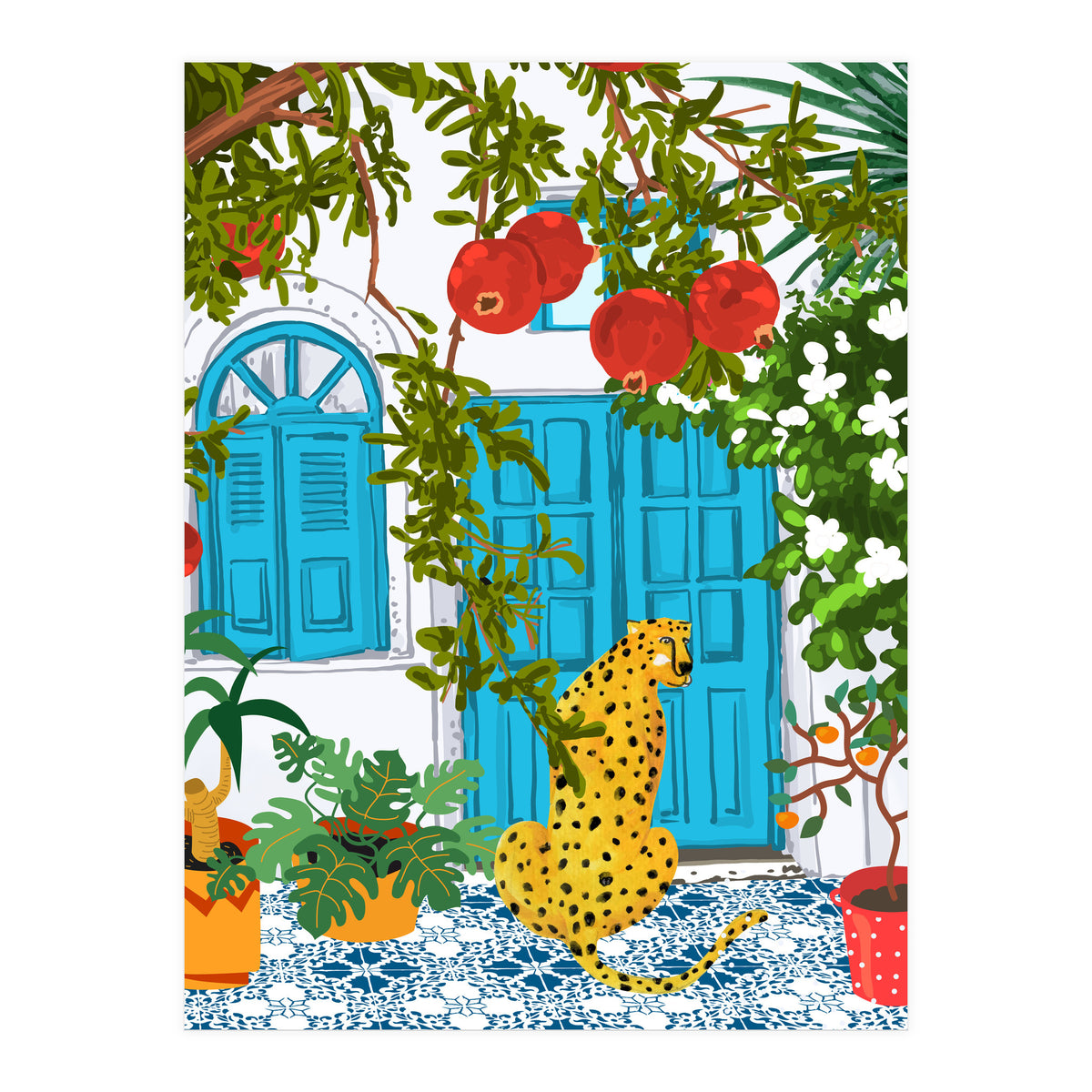 Cheetah Home, Morocco Architecture Illustration, Greece Cats Tropical Urban Jungle Pomegranate  (Print Only)