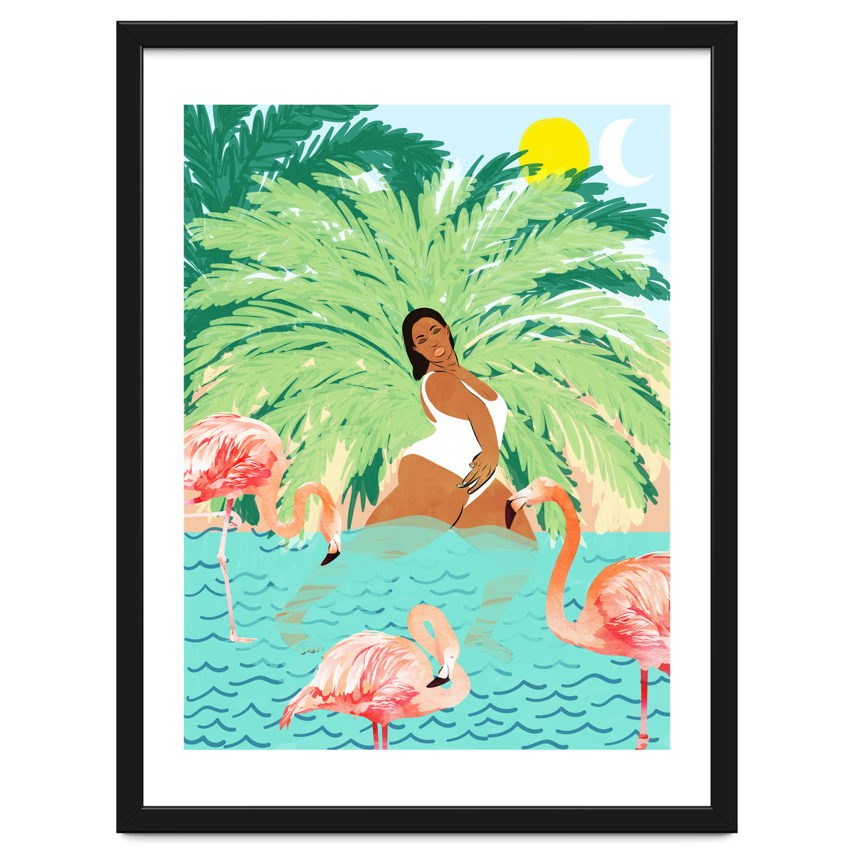 Tropical Summer Water Yoga with Palm & Flamingos | Woman of Color Black Woman Body Positivity