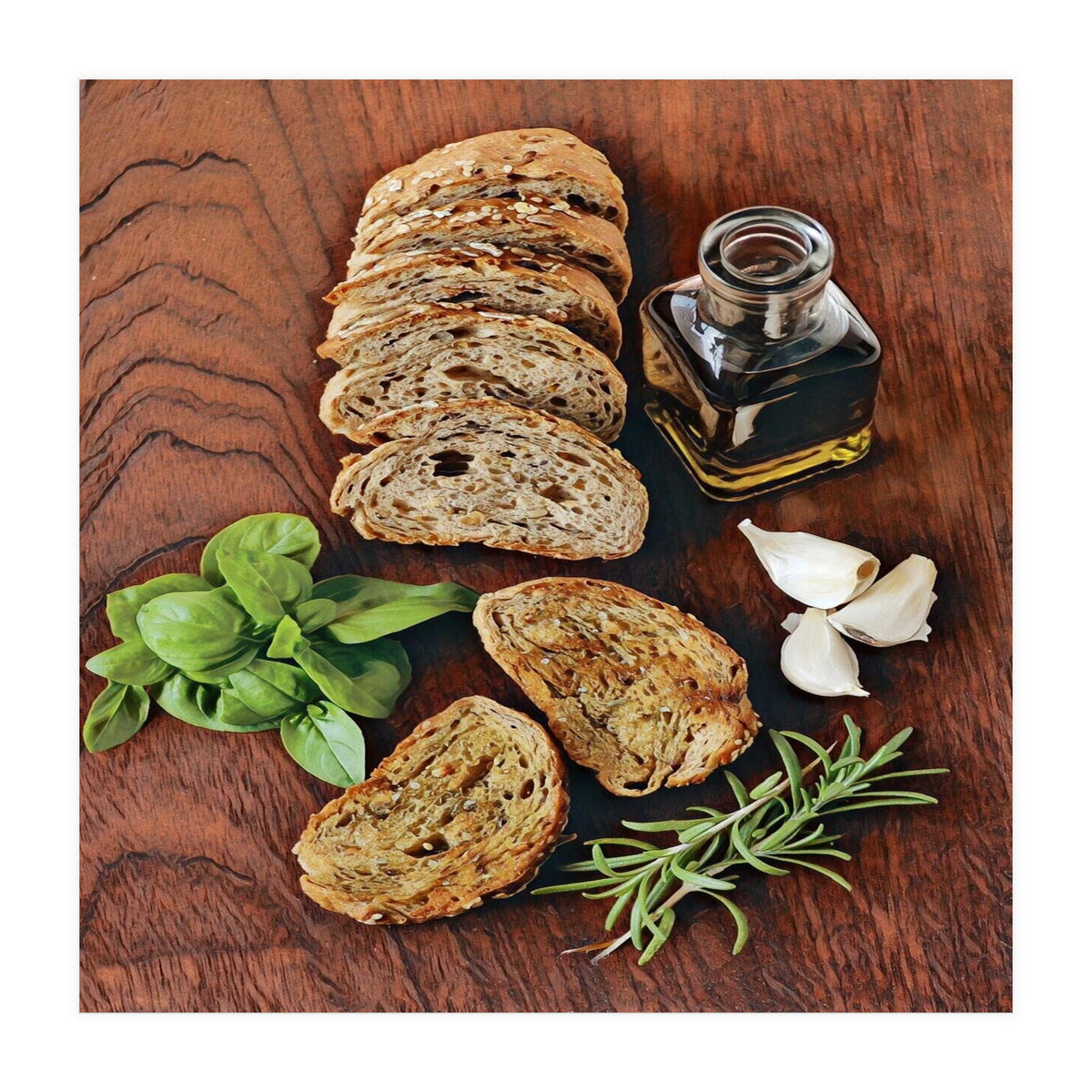 Bread, rosemary, basil and olive oil (Print Only)