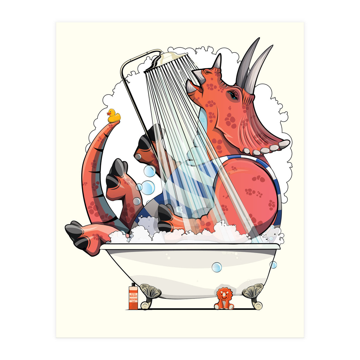 Dinosaur Triceratops in the Shower, funny bathroom humour (Print Only)