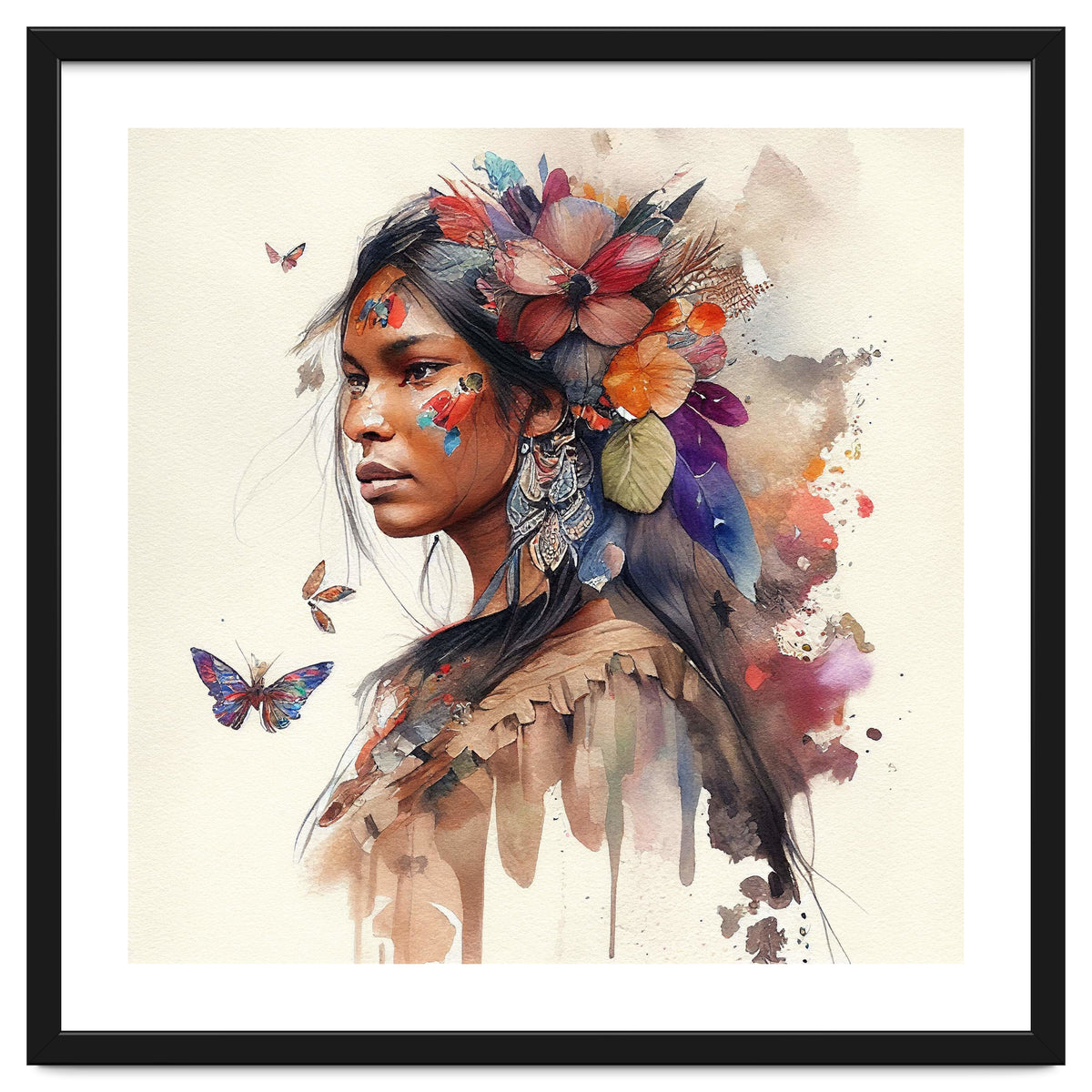 Watercolor Floral Indian Native Woman #9