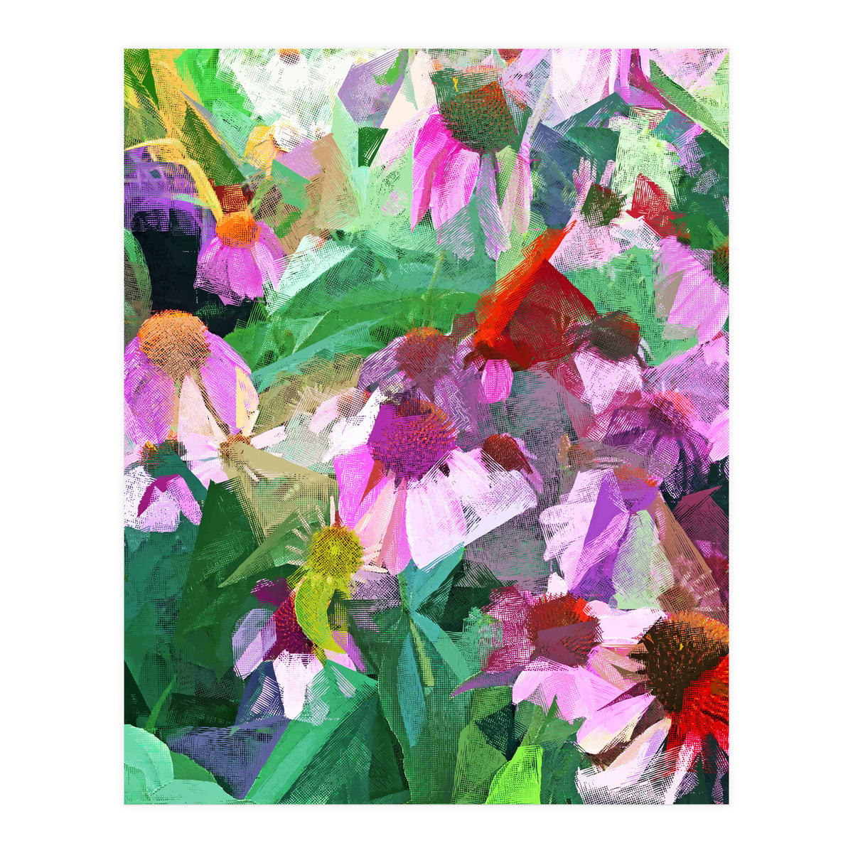 The Memory of Spring, Crosshatch Botanical Floral Painting, Plants Garden Meadow, Flowers Nature Digital Illustration (Print Only)