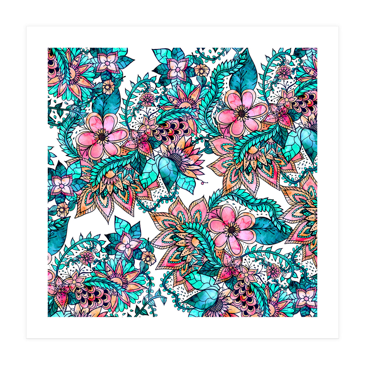 Boho turquoise pink floral watercolor illustration (Print Only)