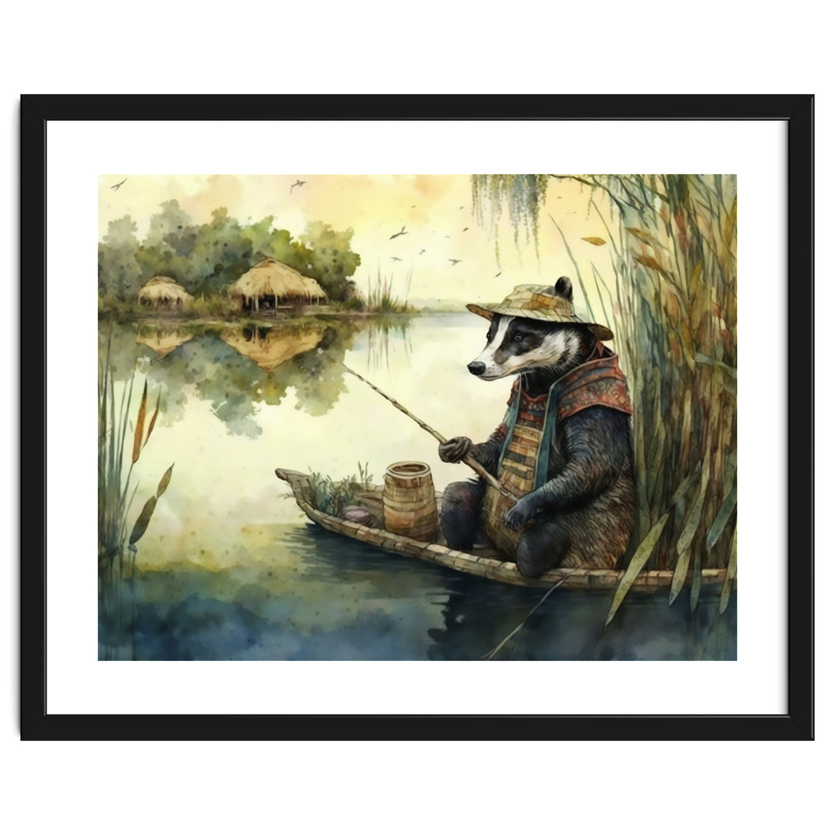 Badger Fishing Watercolor Painting