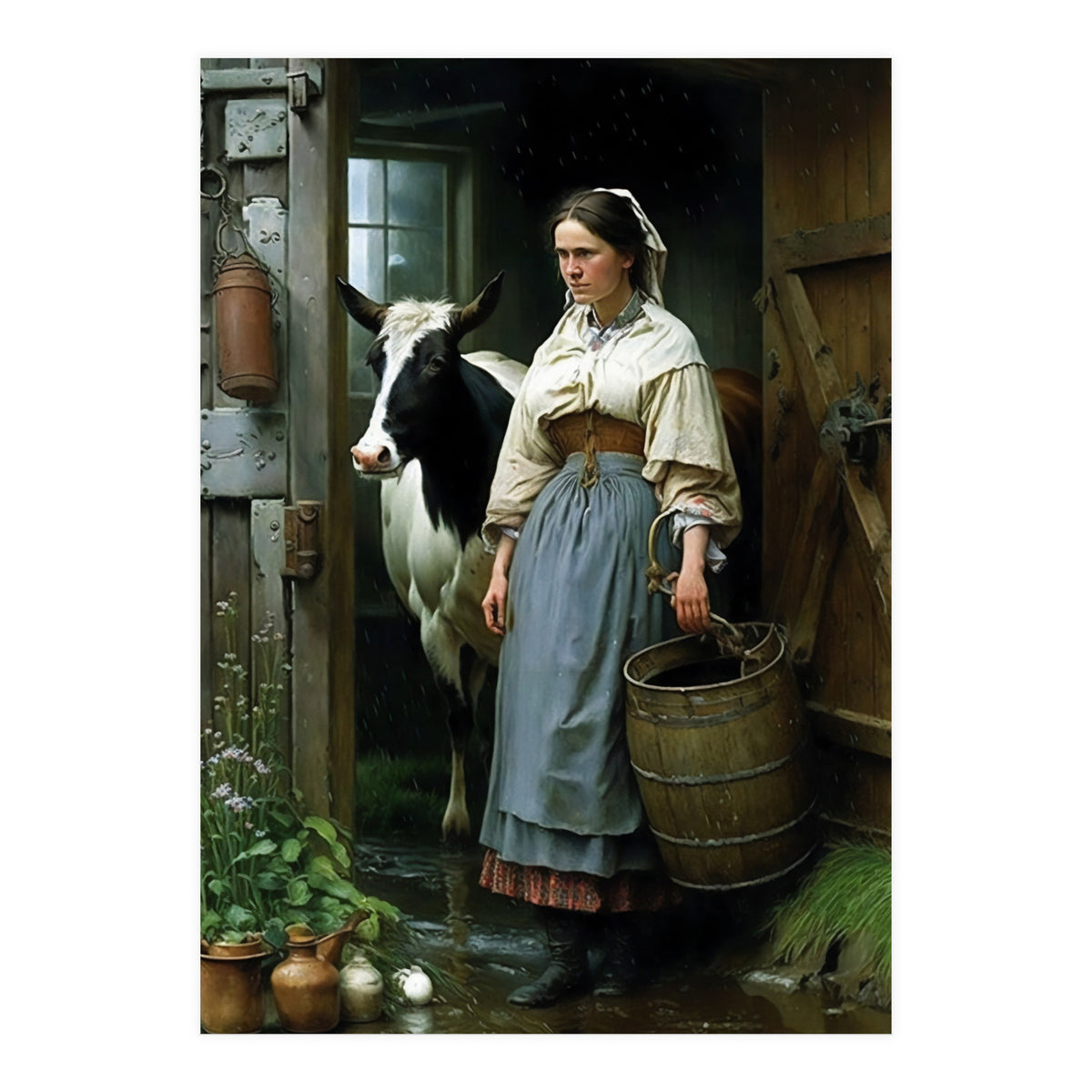 Farm Girl and Cow in Barn Oil Painting (Print Only)