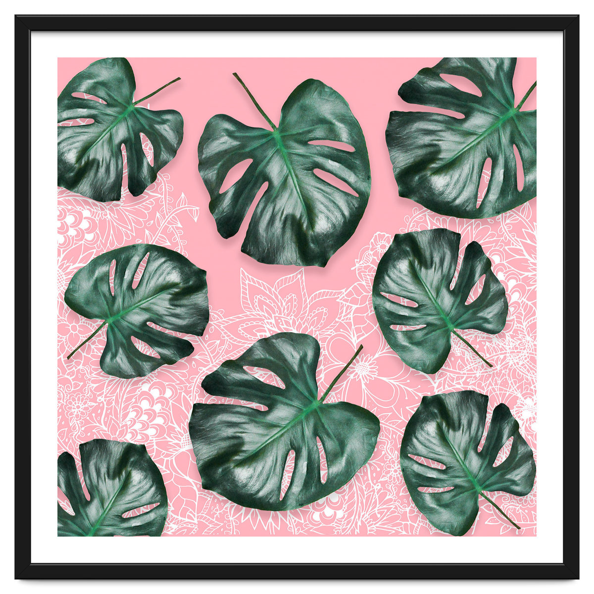 Modern 3d green tropical monstera leaf photo on blush pink white floral illustration