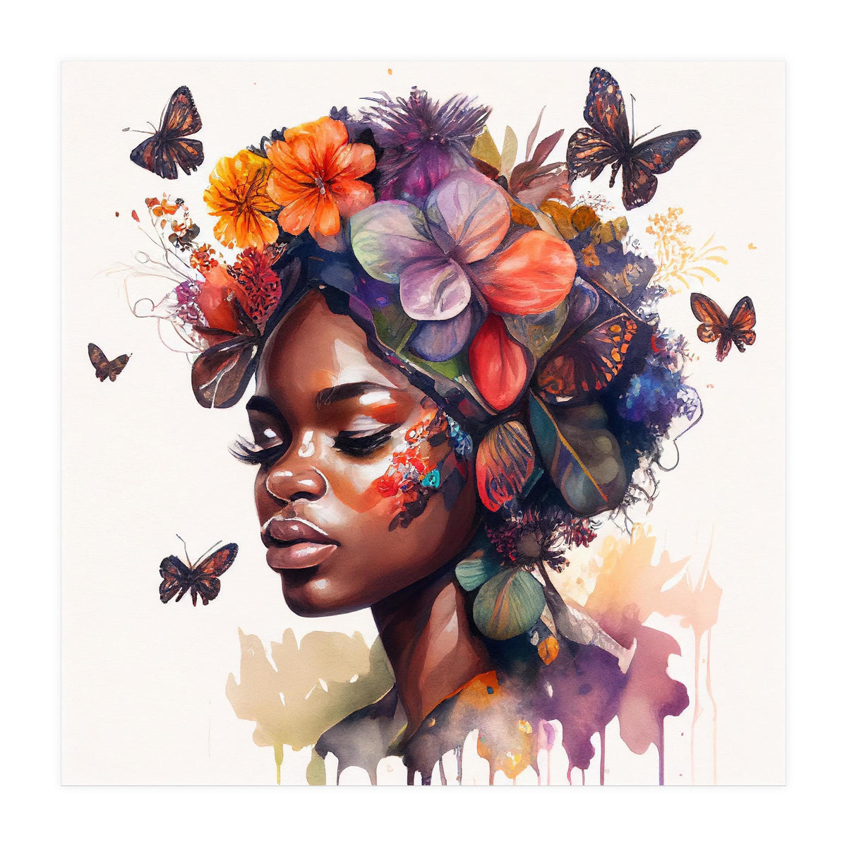 Watercolor Butterfly African Woman #2 (Print Only)