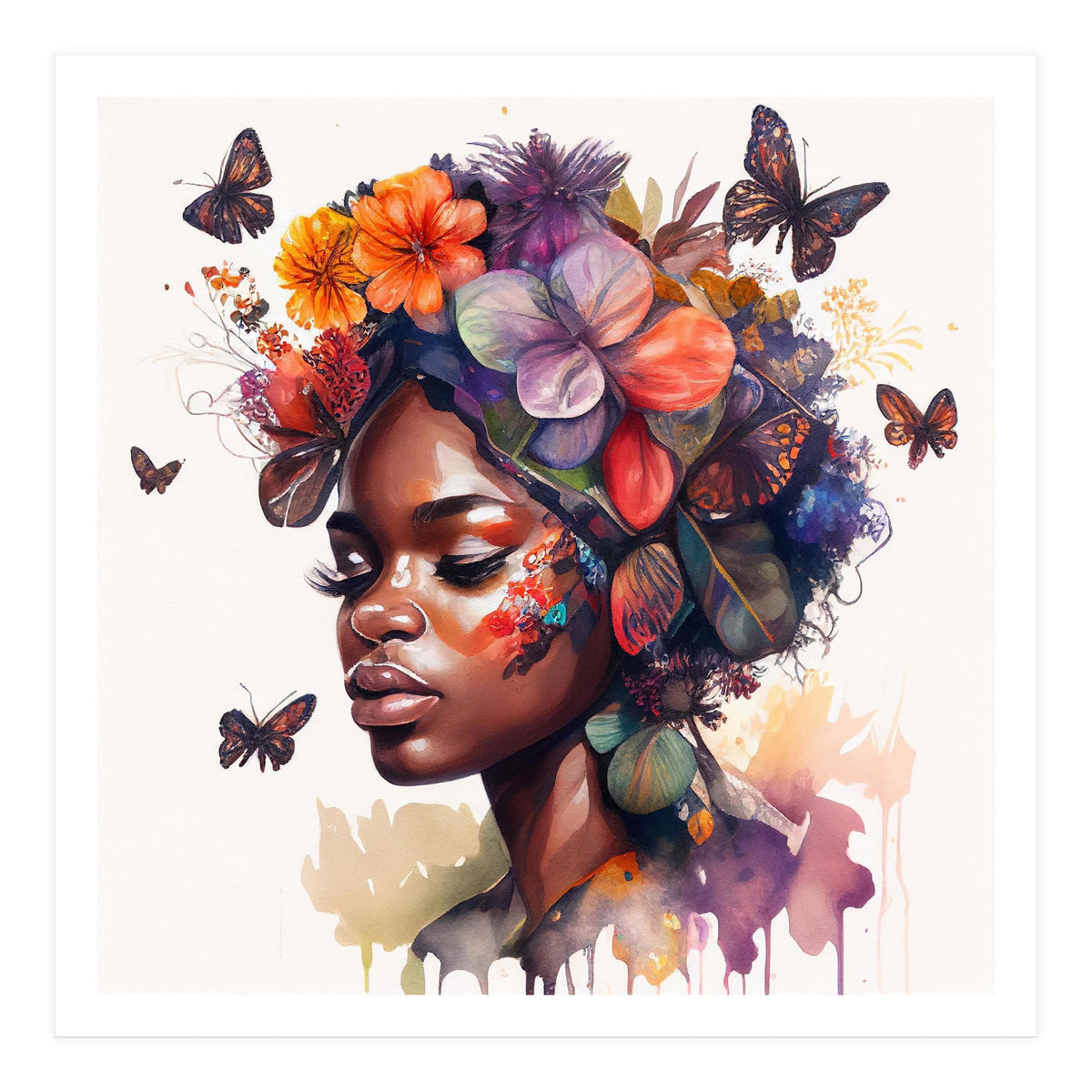 Watercolor Butterfly African Woman #2 (Print Only)