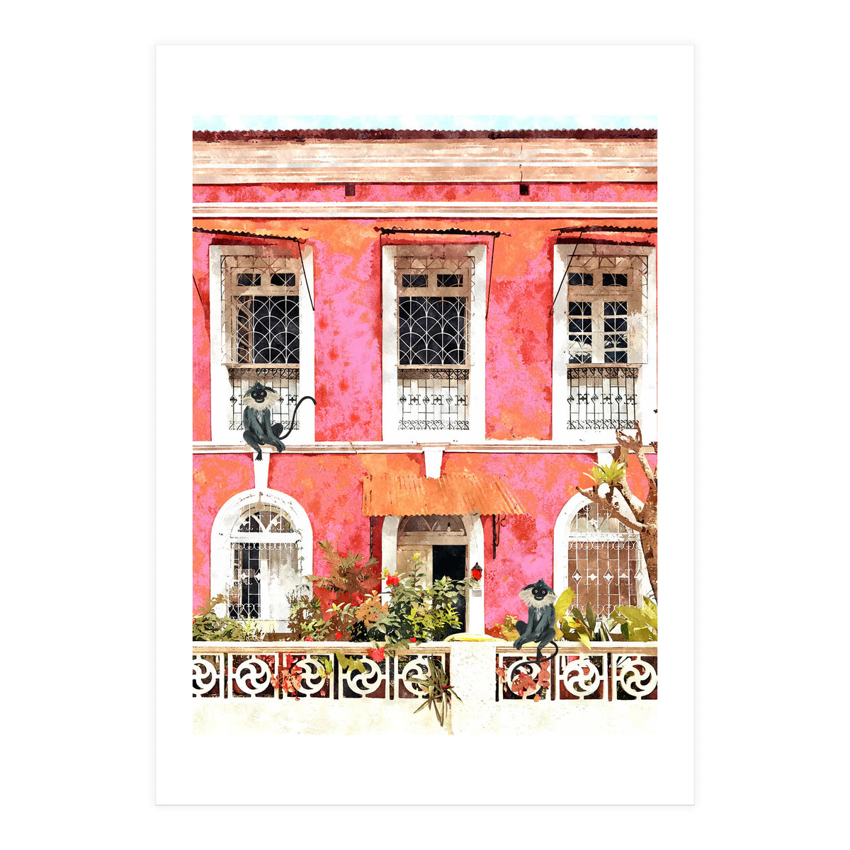 Monkey Business | Watercolor Tropical Goa Architecture Painting | Travel Pastel Pink Blush Building (Print Only)