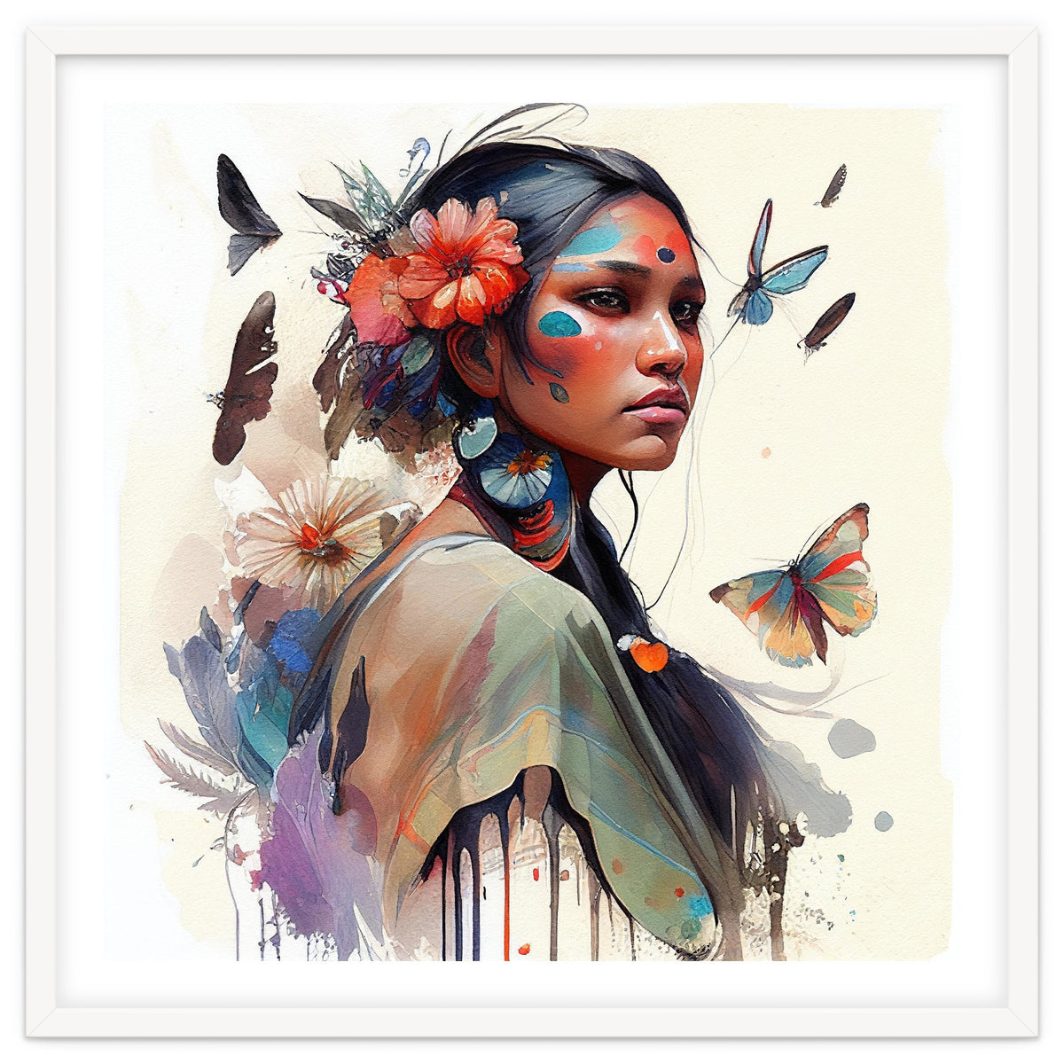 Watercolor Floral Indian Native Woman #3