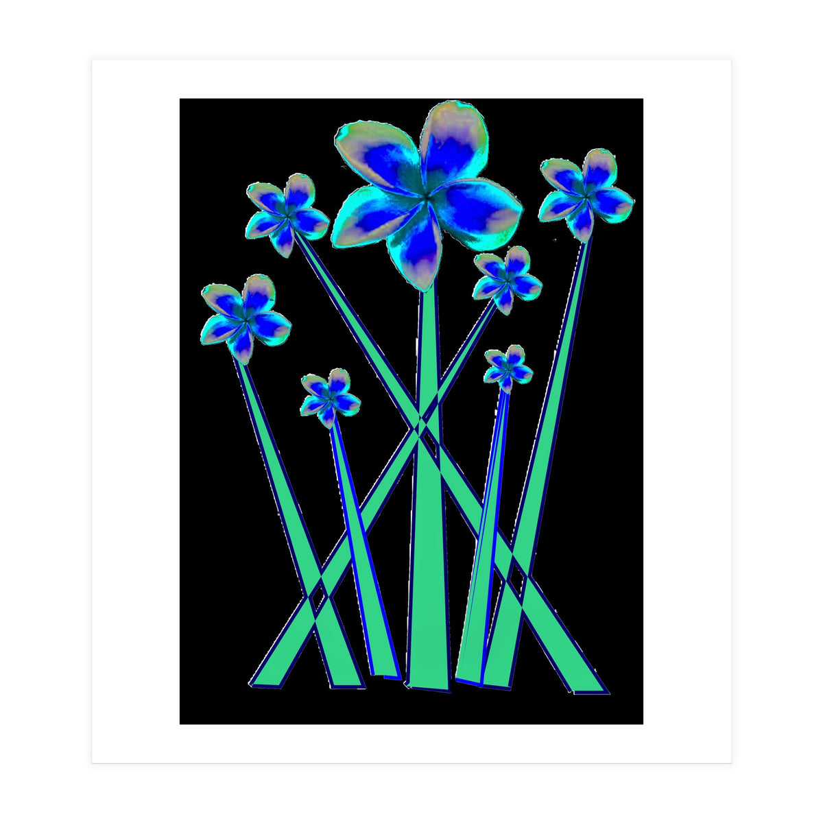 Blue flowers on black. (Print Only)