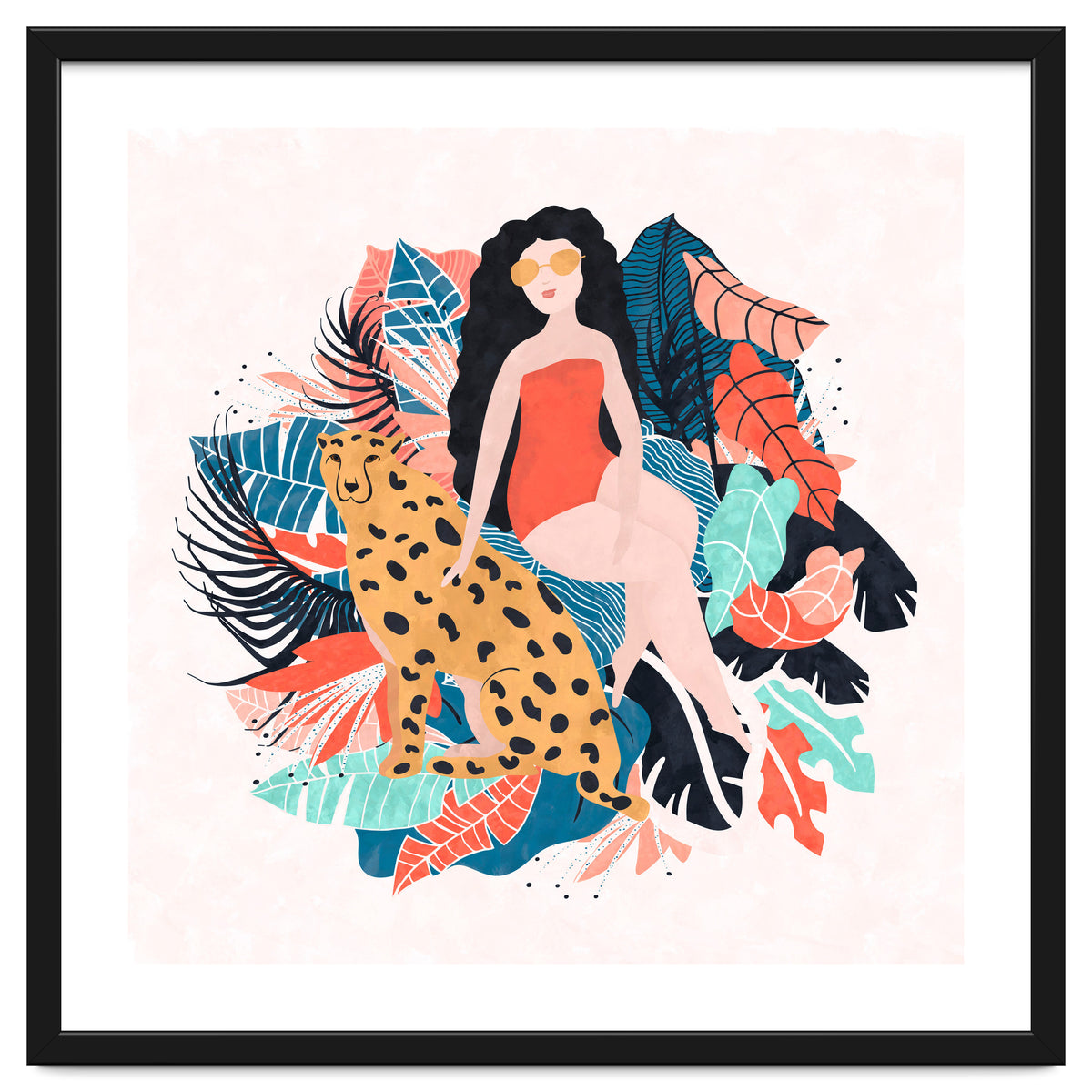 Black Hair Tropical Girl With Cheetah