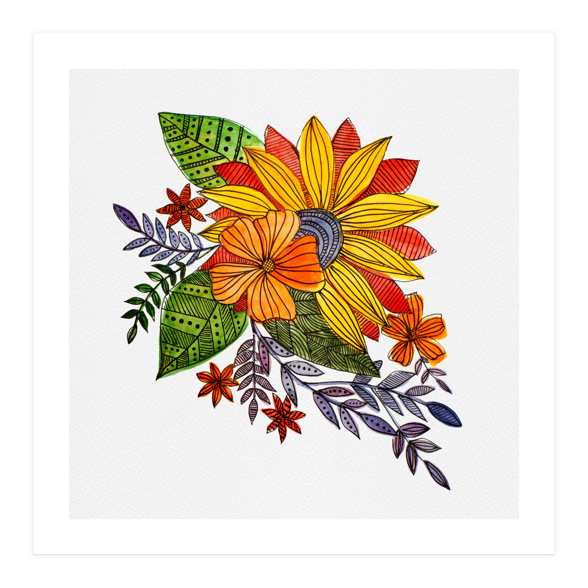 Watercolor and ink Sunflower (Print Only)