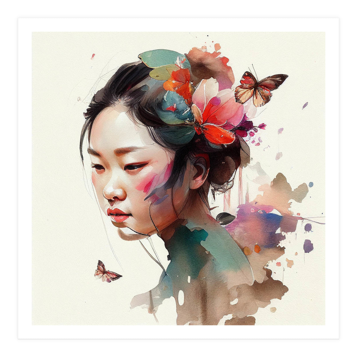 Watercolor Floral Asian Woman #4 (Print Only)