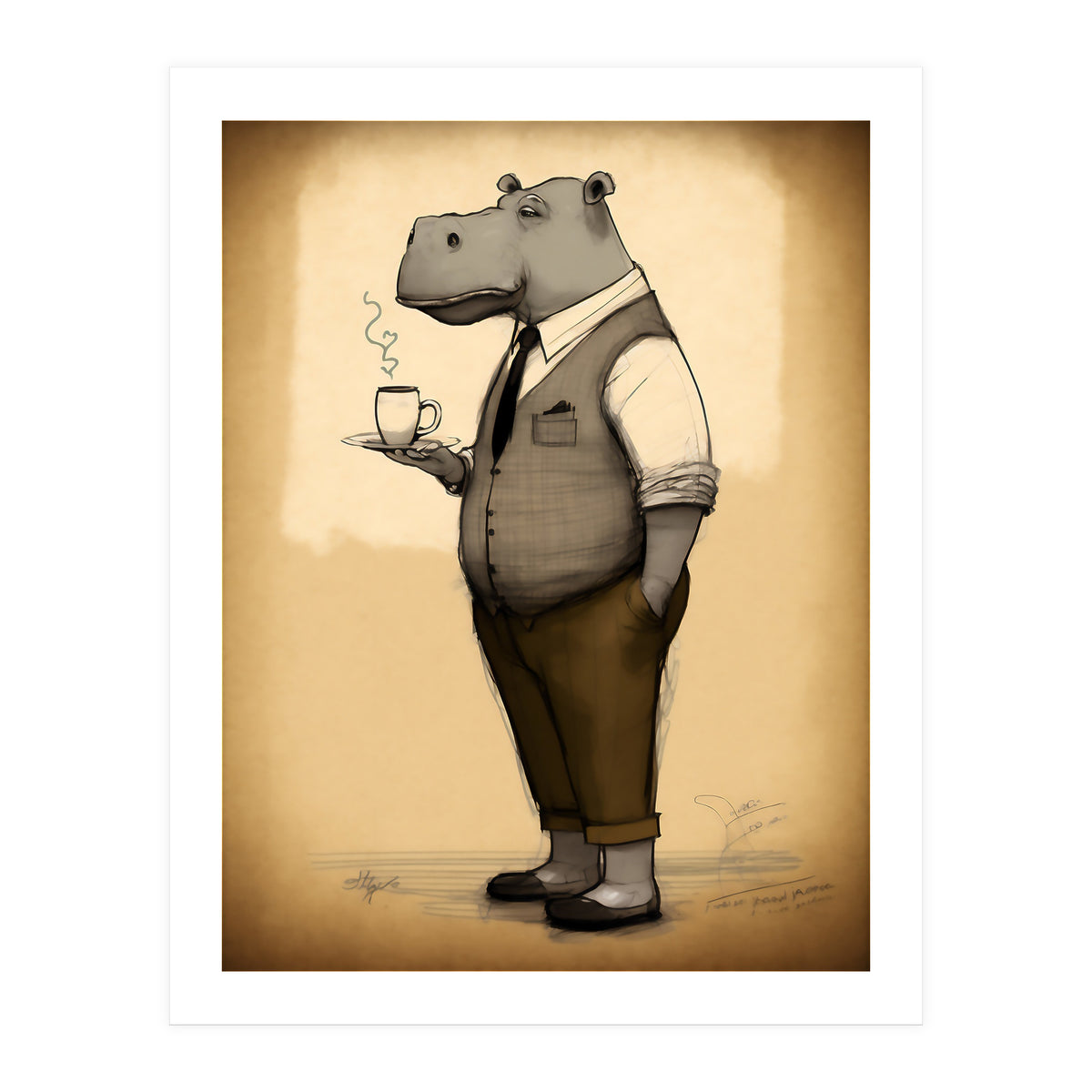 Hippo Hipster Fashion Sketch (Print Only)