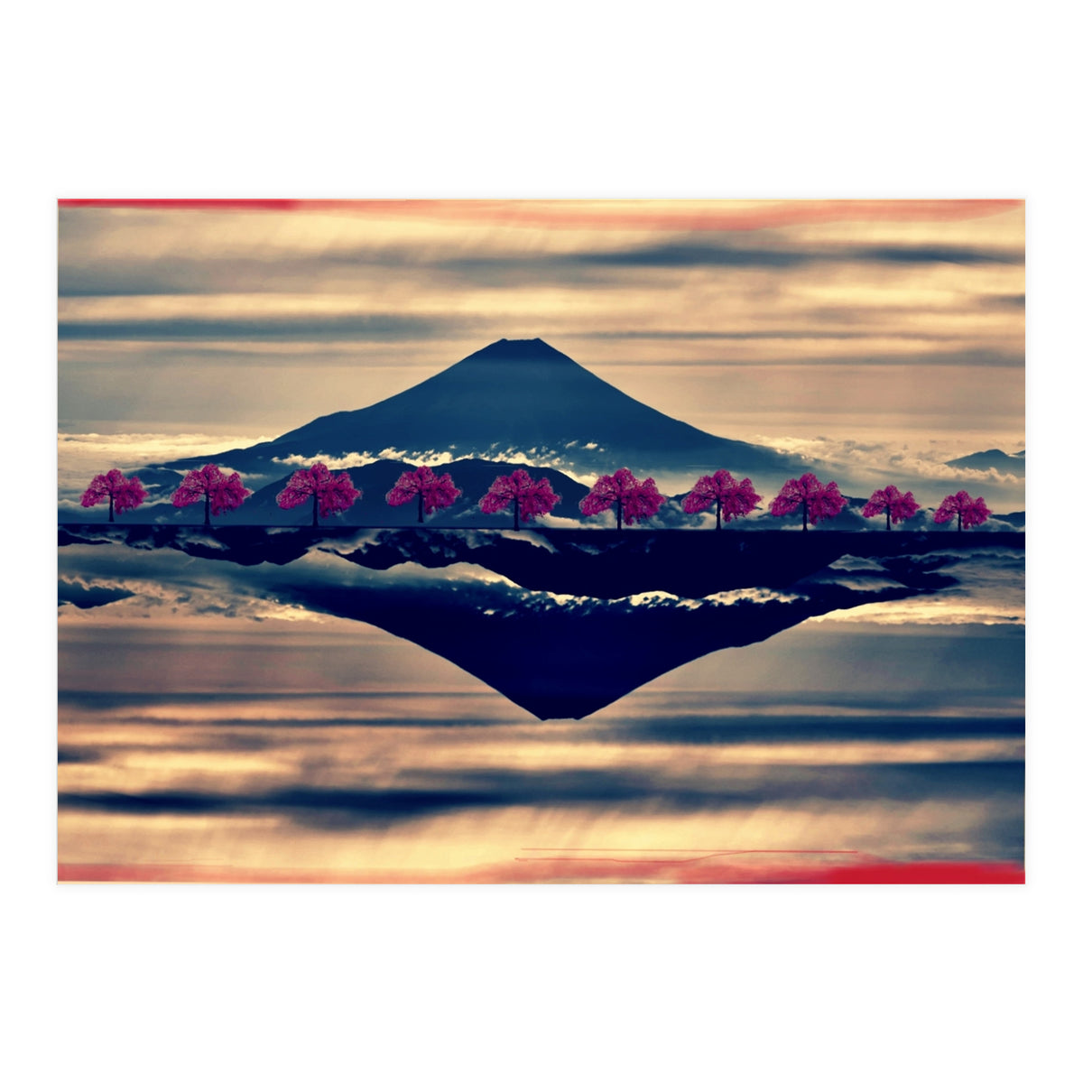 Reflection on Mount Fuji with cherry trees. (Print Only)