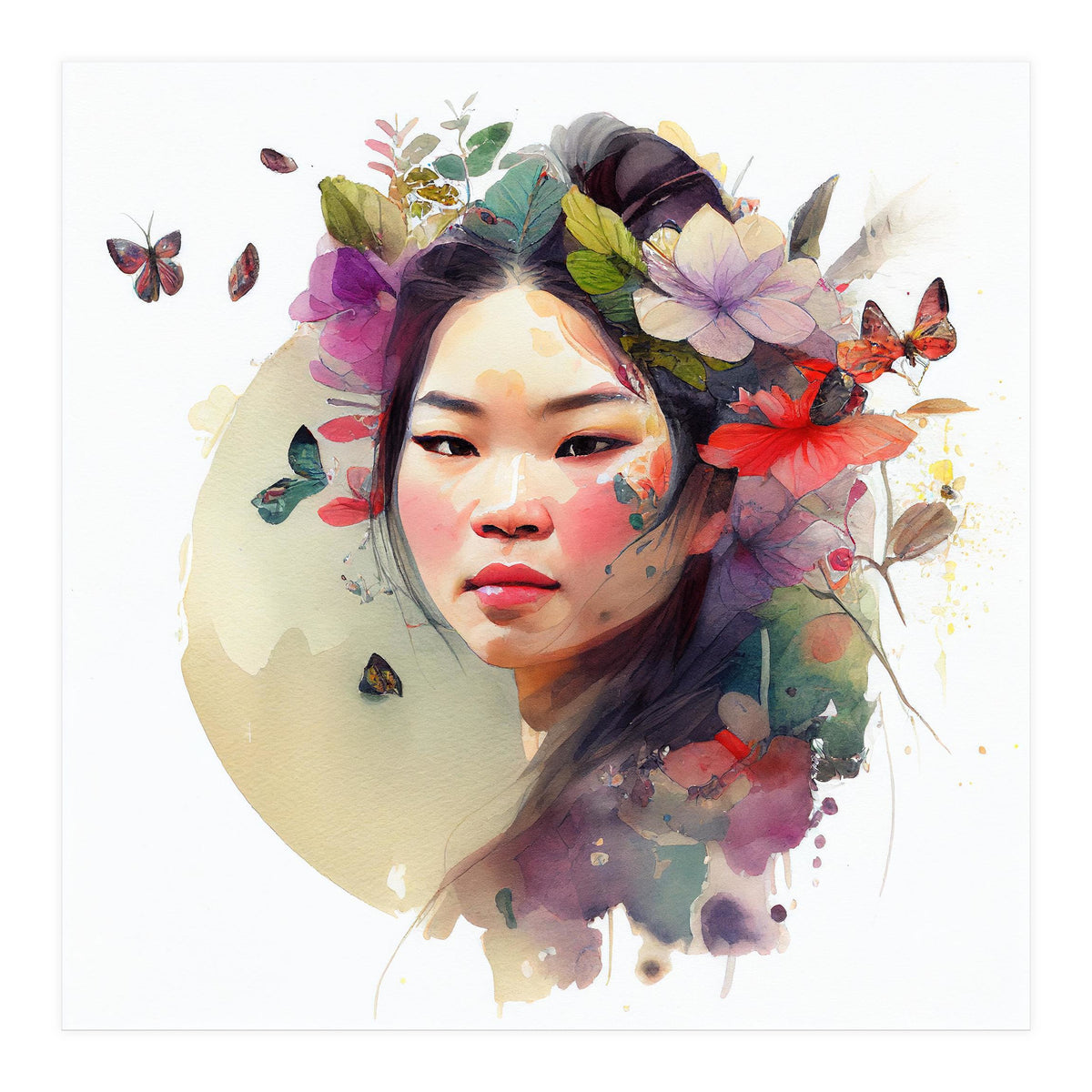 Watercolor Floral Asian Woman #3 (Print Only)