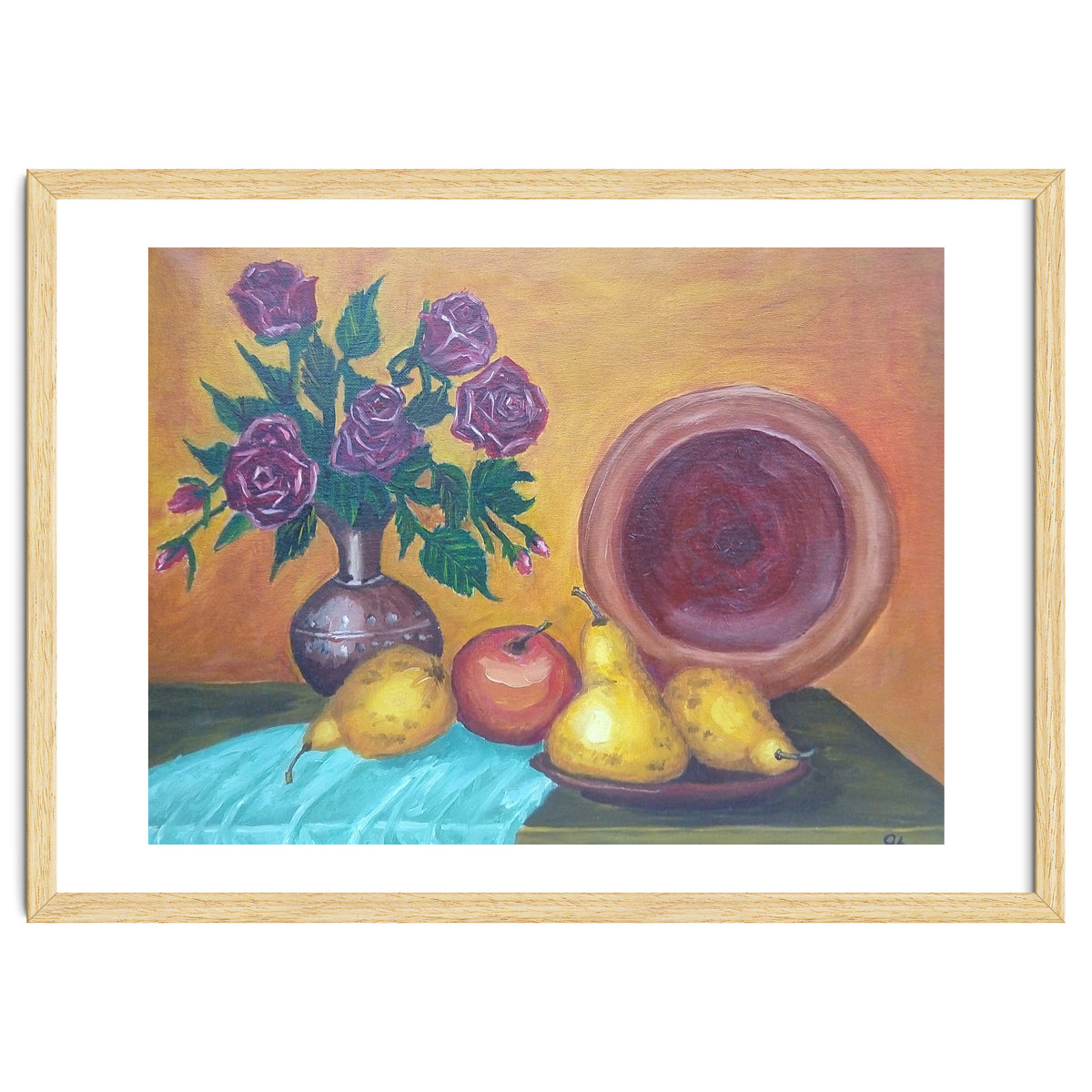 Still life with pears, roses and a dish.