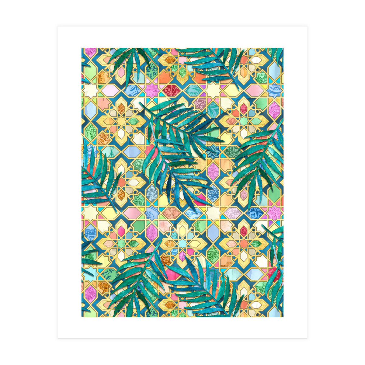 Gilded Moroccan Mosaic Tiles with Palm Leaves  (Print Only)