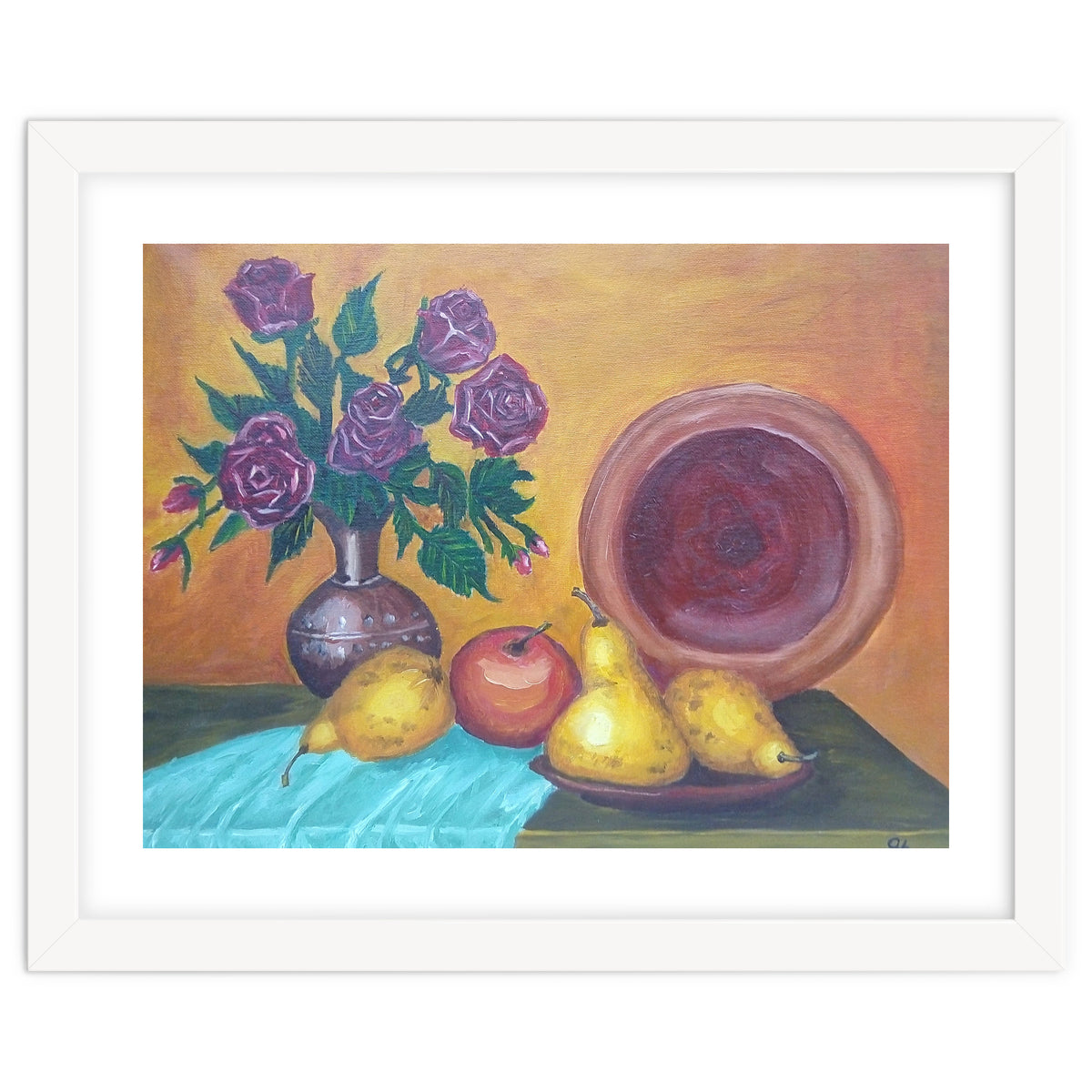 Still life with pears, roses and a dish.