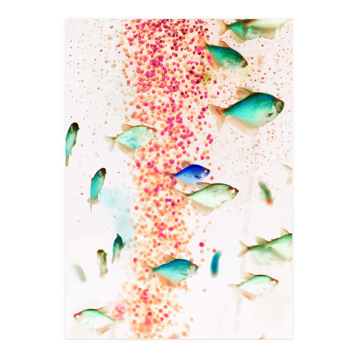 Something Fishy, Pink Bubbles & Blue Green Fish Graphic Design Digital Eclectic Surrealism (Print Only)