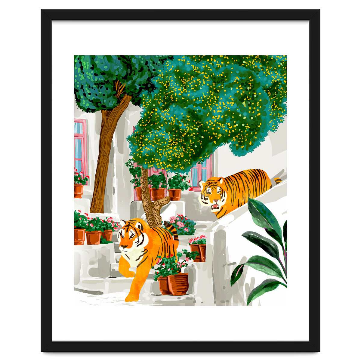 Tigers in Greece | Santorini Travel Architecture, Wildlife Animal Painting | Watercolor Illustration