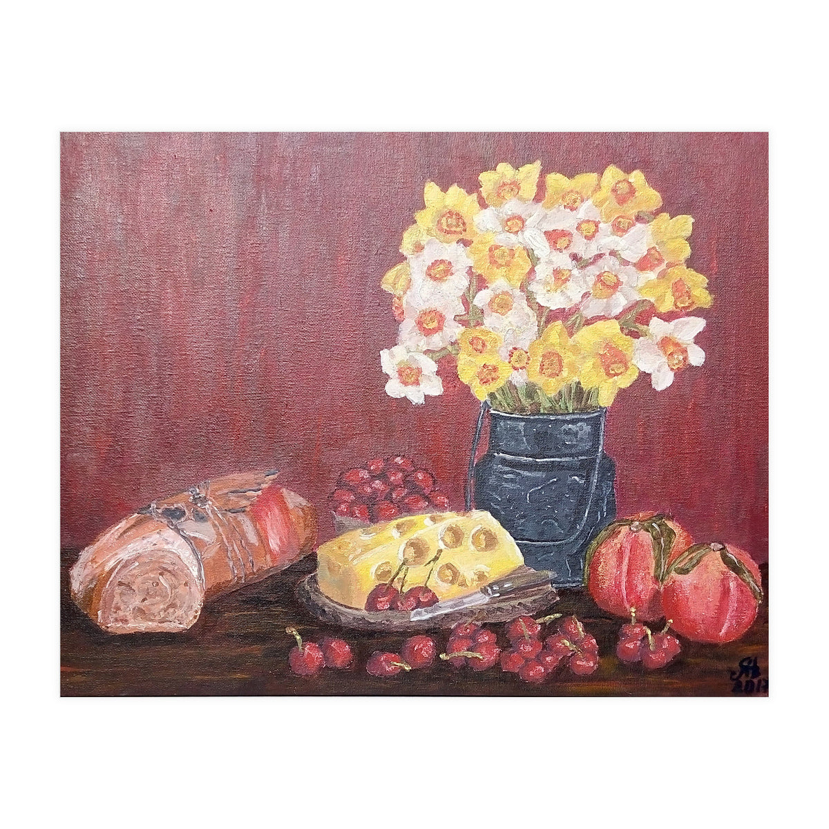 Still life with cheese, daffodils on a red background. (Print Only)