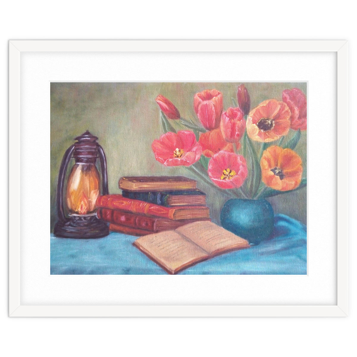Still life with tulips, books and an old lamp.