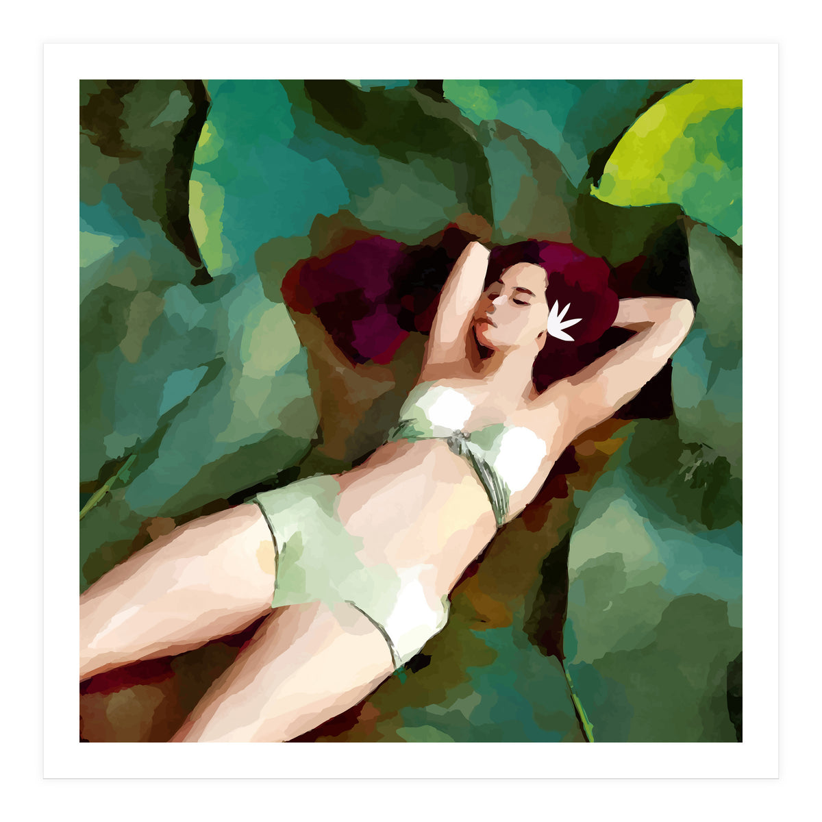 The Moment of Peace, Girl Woman on Lotus Leaf, Tropical Nature Botanical Watercolor Bohemian Painting (Print Only)