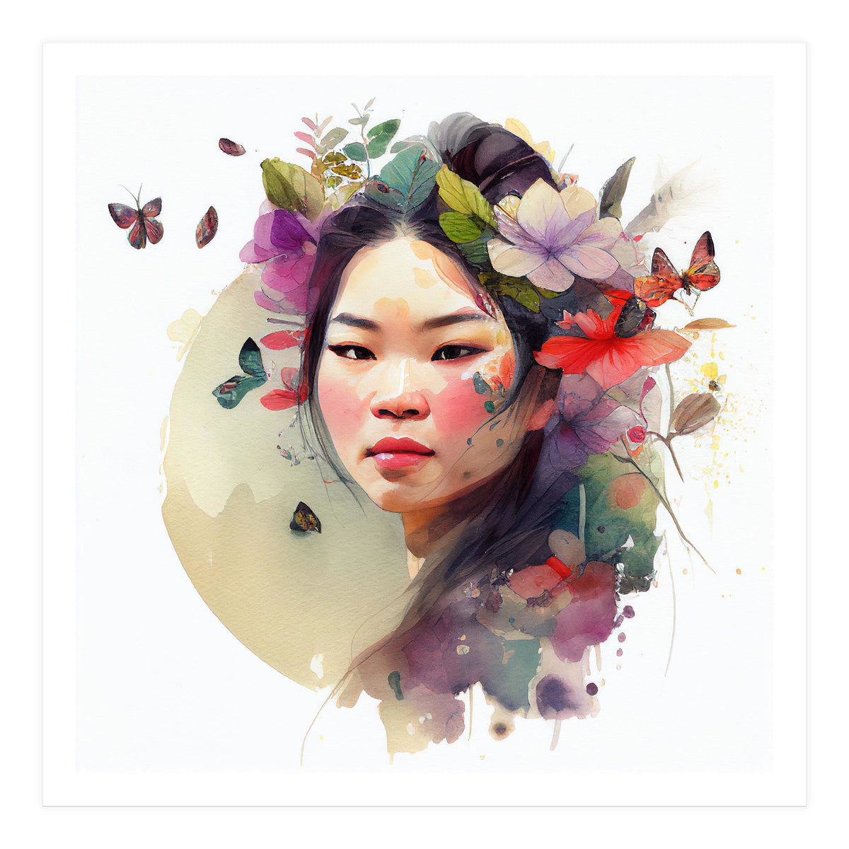 Watercolor Floral Asian Woman #3 (Print Only)