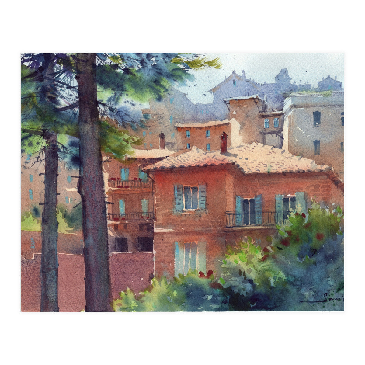 Sunny city landscape. Watercolor (Print Only)