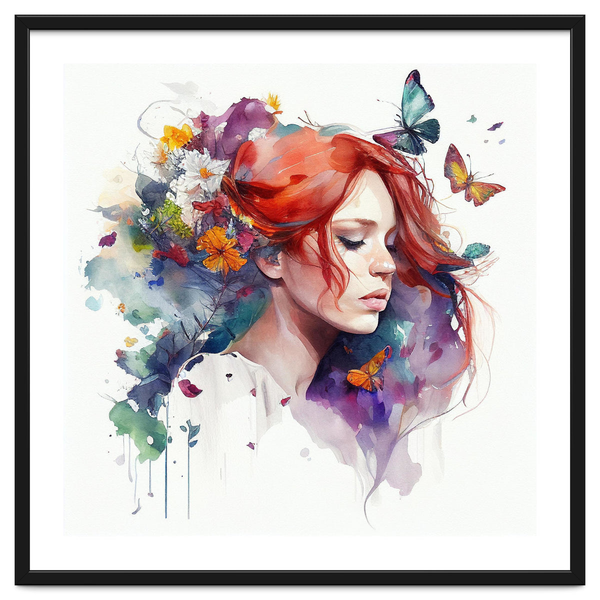 Watercolor Floral Red Hair Woman #1