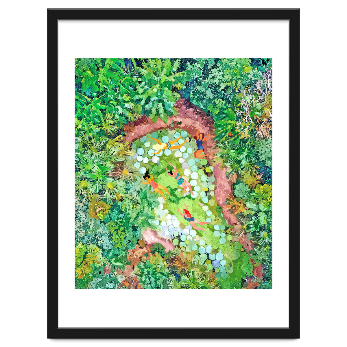 Tropical Vacay | Rainforest Jungle Botanical Lush Nature | Summer Lake People Swim | Boho Painting