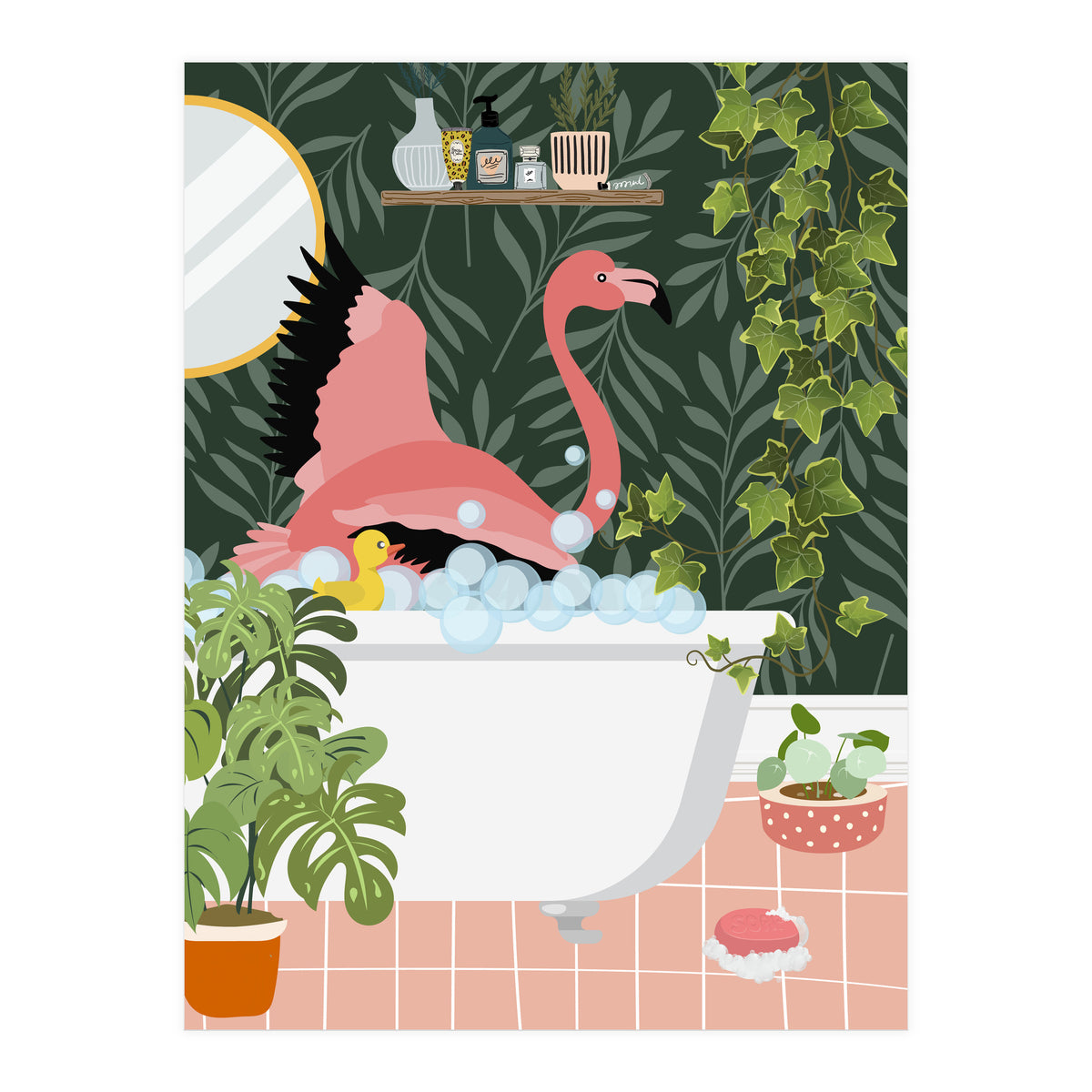 Flamingo Taking a Bubble Bath (Print Only)