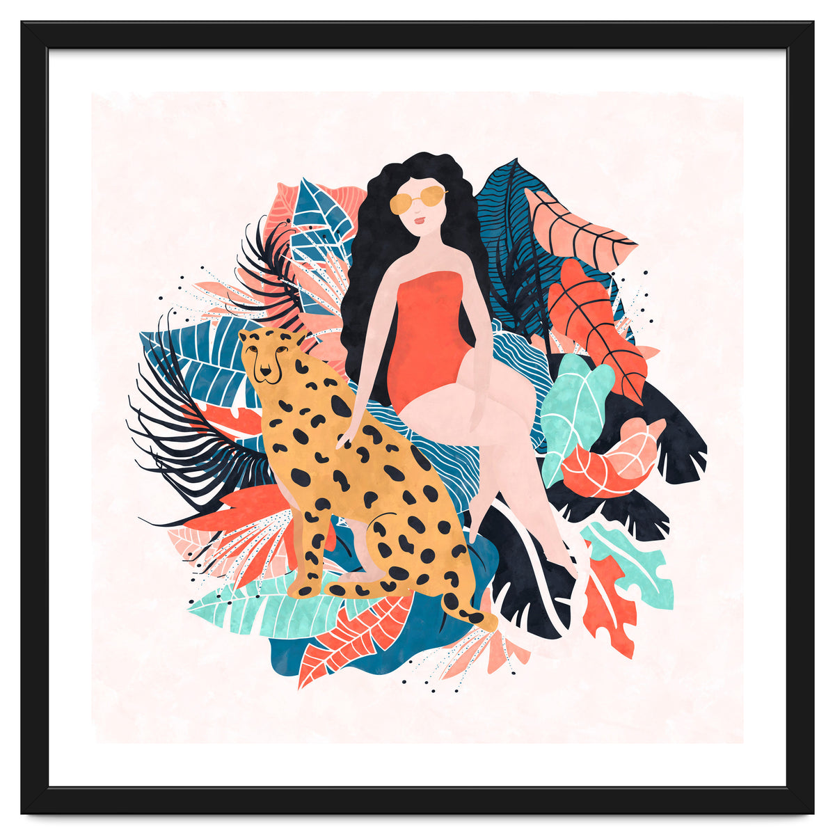 Black Hair Tropical Girl With Cheetah