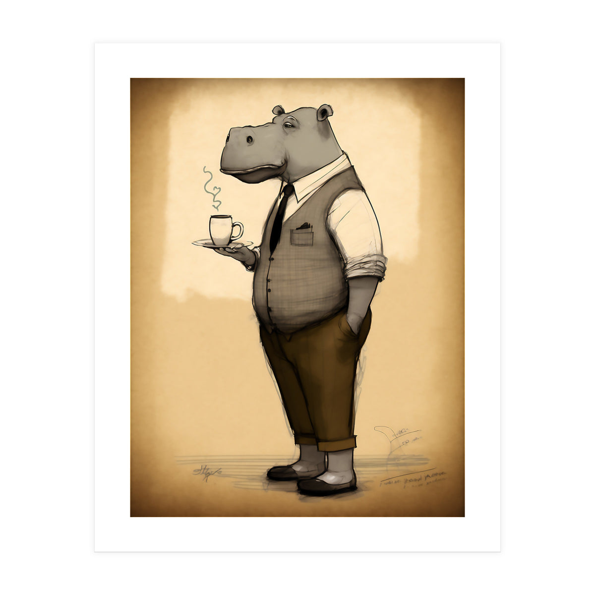 Hippo Hipster Fashion Sketch (Print Only)