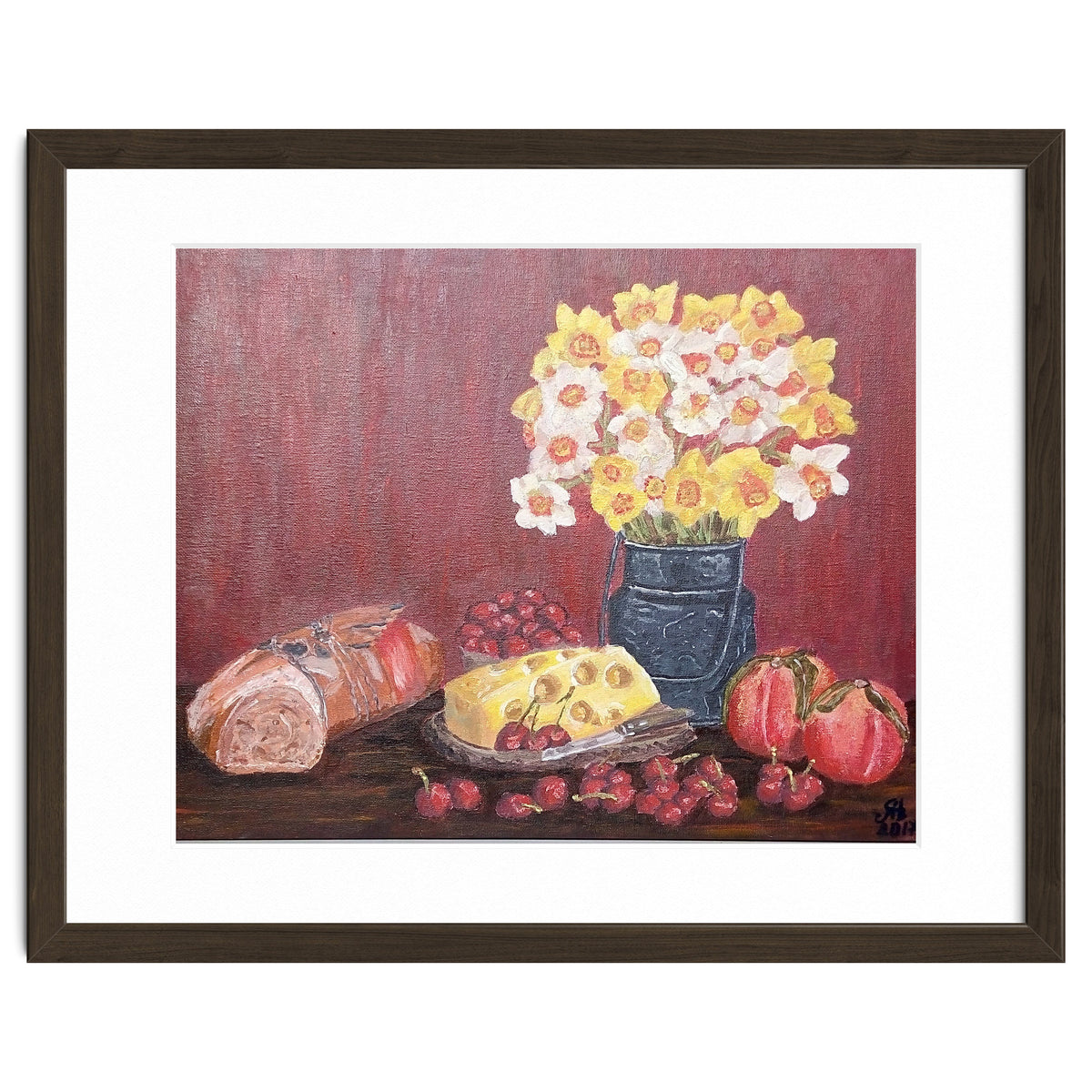 Still life with cheese, daffodils on a red background.