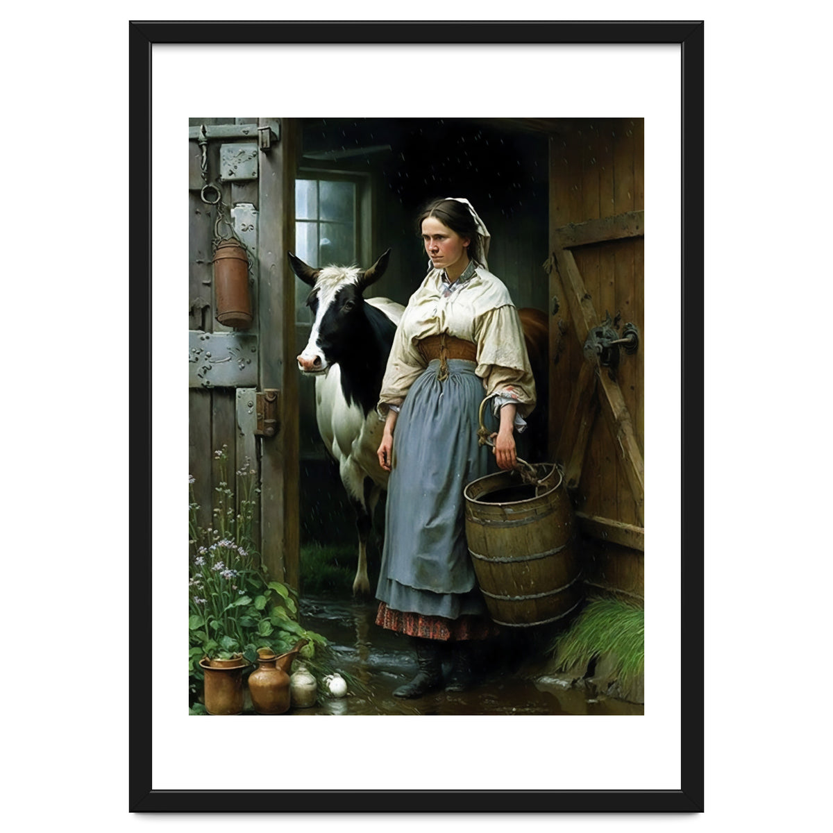 Farm Girl and Cow in Barn Oil Painting